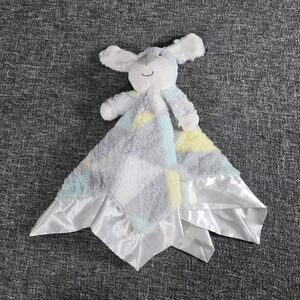 Baby Essentials Puppy Dog Lovey Gray Yellow Blue Blanket Plush Satin 17"